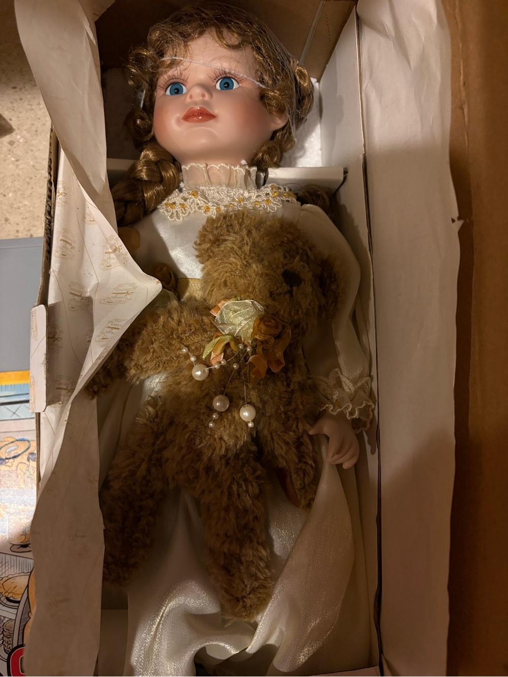 NWT Porcelain Collectible Doll with Brown Teddy